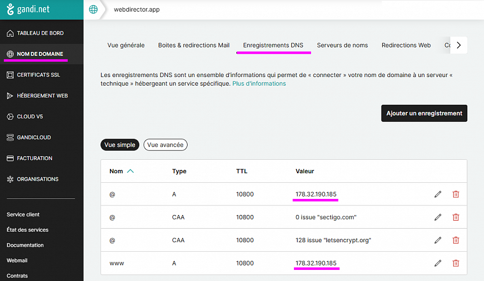 Enregistrements DNS dans la console Gandi
